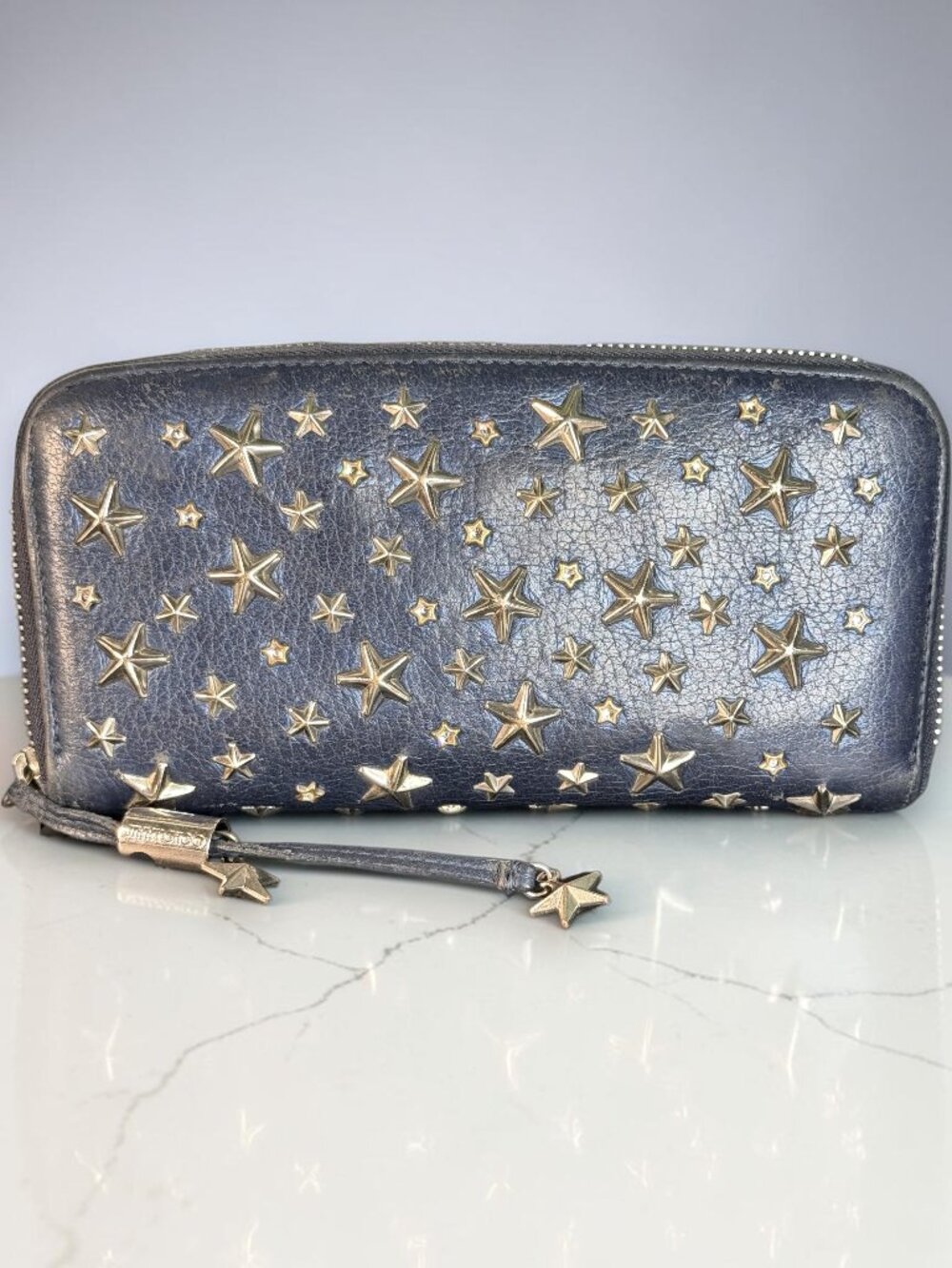 Jimmy Choo Filipa Navy Leather Star-Studded Continental Wallet with COA